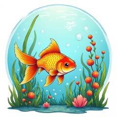 Naklejka premium Golden goldfish swims in clear blue water among green algae and red berries. Cute cartoon fish in a round transparent bowl or aquarium. Underwater scene with bubbles and aquatic plants.