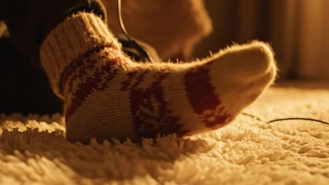Cozy Foot in Warm Knitted Sock Wiggling on Soft Rug in Warm Light