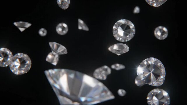 Detailed 3D render of various brilliant and pear-cut diamonds suspended and sparkling against a dramatic black velvet background with sharp focused light.