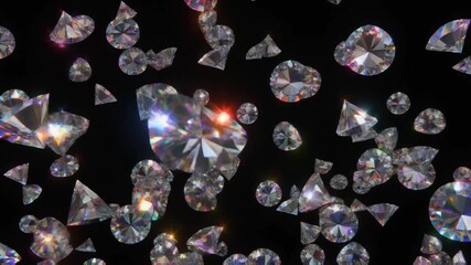 Brilliantly faceted luxury diamonds and gemstones falling and rotating in isolation against a deep black background with intense 3D light reflections. - Powered by Adobe