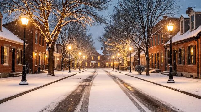 Snowy Village Street at Dusk - A quiet village street is covered in fresh snow, illuminated by vintage streetlights.