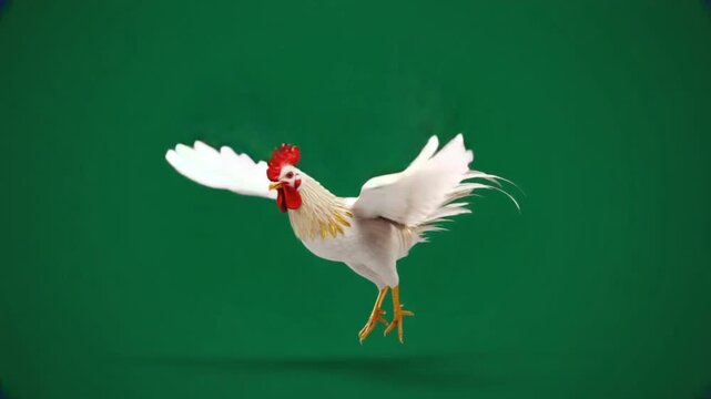 A white rooster with red comb flapping its wings against a solid green colored background chicken green screen video