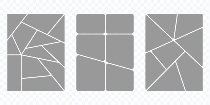 Digital photo wall template with grid of empty frames. Geometric tiles pattern for photo collage, website layout, etc. Trendy tiling frames arrangements and presentation templates for social media. 