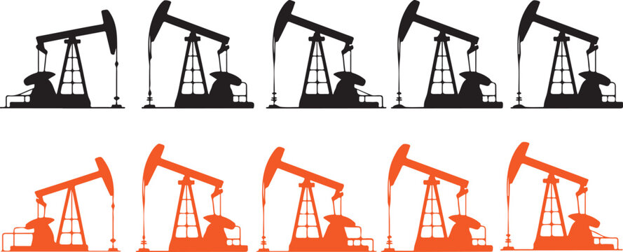 Rows of black and orange silhouettes depicting multiple oil pumpjacks against a plain white background