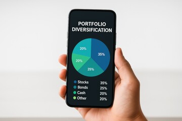 Hand holding smartphone showing portfolio diversification pie chart for investment planning