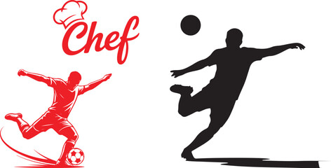 Two dynamic silhouettes of soccer players kicking a ball alongside a prominent chef text with a hat