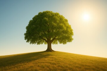 Obraz premium Large green tree standing alone on grassy hill under bright sun
