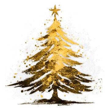 An elegant golden Christmas tree illustration with a star on top, watercolor texture, and splatters on a white background is perfect for holidays.