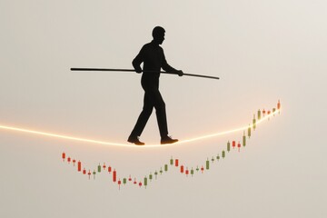 Fototapeta premium Silhouette of businessman walking tightrope over financial chart symbolizing risk management
