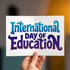 International Day of Education global awareness card held by hand promoting inclusive learning peace development and literacy for all generations