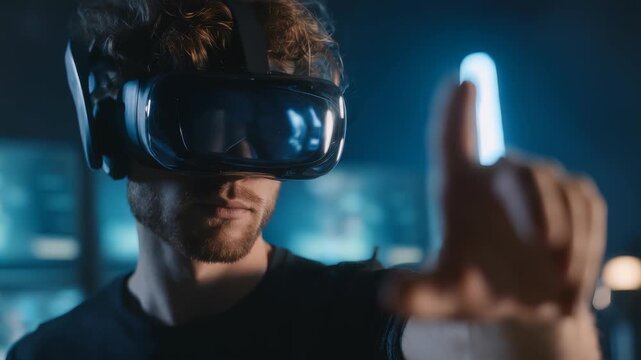 Focused male explores virtual reality using advanced VR goggles, engaging with interactive digital content. Cutting edge technology and immersive experience in contemporary setting