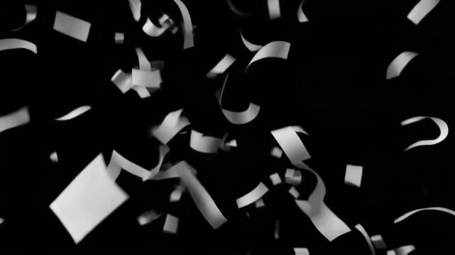 White paper ribbons explode and rain down dramatically in high-speed slow motion against a pure isolated black studio background with bright key lighting.