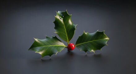A single, elegant sprig of holly with one red berry, isolated on a smooth, dark charcoal grey background, a droplet of water glistening on a leaf.
