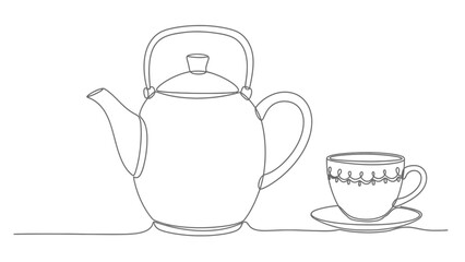Simple Line Drawing of a Teapot and Cup with Saucer Illustration for Minimalist Design