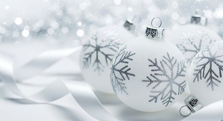 White christmas ornaments with glittering silver snowflakes on a winter background