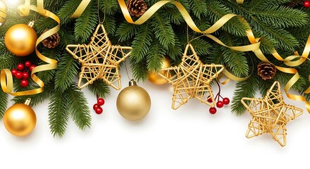 Festive christmas border with gold ornaments and green fir branches on white background