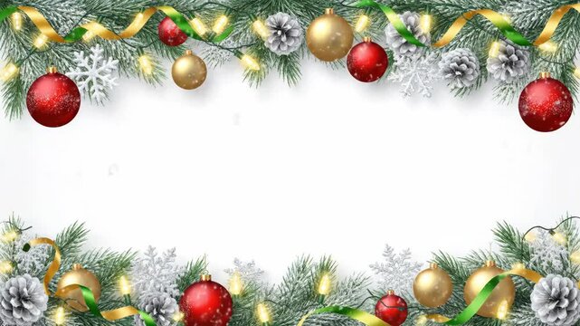 Festive Christmas Holiday Border - A festive Christmas border features snow-covered evergreen branches adorned with red and gold ornaments, decorative ribbons, snowflakes, pine cones, and warm white