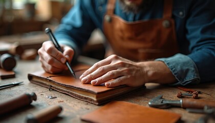 Skilled artisan works with leather journal in workshop. Man uses pen to write notes, surrounded by tools and materials. Expertise and creativity flow in this hands-on process.