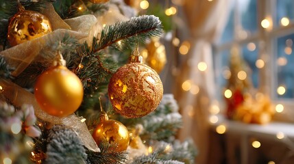 Beautiful Christmas tree decorated golden ornaments and warm fairy lights soft glowing bokeh cozy winter atmosphere elegant festive mood cinematic lighting ultra realistic photography