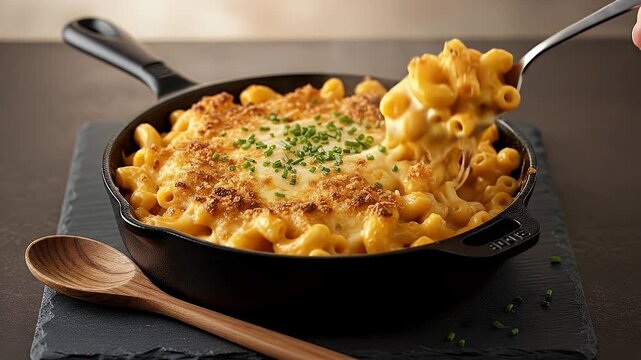 Creamy Macaroni and Cheese in Cast Iron Skillet Topped with Herbs on Dark Slate Board with Wooden Spoon Side View