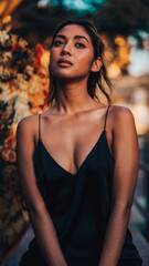 Elegant woman with dark hair and a black dress outdoors during sunset.