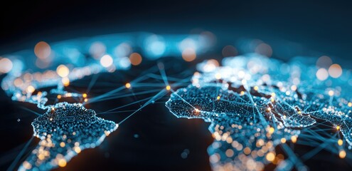 Global network map.  Abstract representation of world map with glowing connections