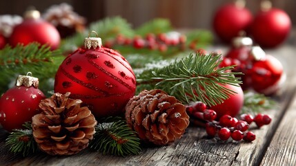 Christmas background ornaments red baubles pine cones evergreen branches rustic wooden surface soft shadows elegant holiday styling