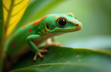 Naklejka premium Macro view of bright green gecko with orange spots on leaf. Small reptile with big black eyes poses on plant. Animal is natural, wild, exotic, tropical background.