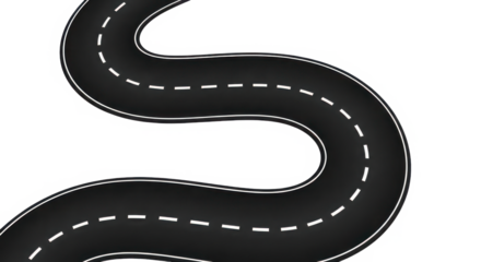 Winding road path with white markings isolated on a transparent background