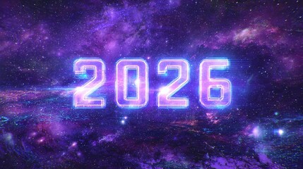 Glowing purple and blue neon 2026 text in a starry galaxy background with vibrant cosmic colors and effects
