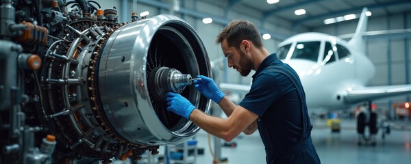 Male aviation mechanic inspects jet engine parts in hangar. Technician with tools checks jet engine assembly near private airplane. Professional worker repairs aircraft turbine.