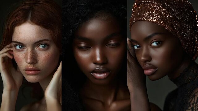 Triptych of diverse women showcasing varying skin tones and facial features