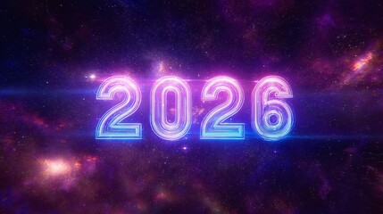 Glowing neon 2026 sign in space with stars and purple background