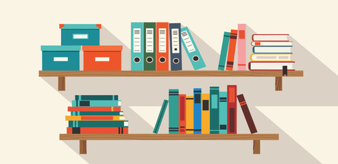 Illustration of bookshelves filled with books, binders, and boxes, representing organization and knowledge