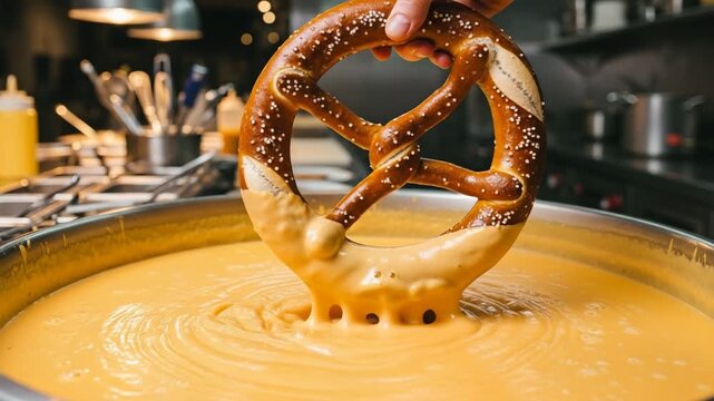 Delicious pretzel being dipped in melted cheese sauce