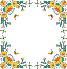 Cheerful Square Border of Yellow Flowers and Butterflies for Springtime Decoration.