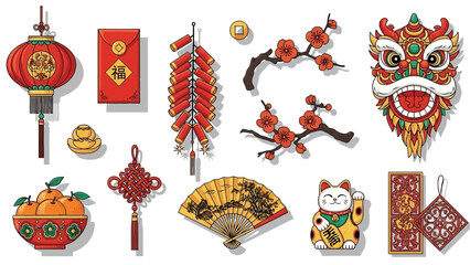 Vibrant Chinese New Year Decorations Including Lanterns Fans and a Lucky Cat