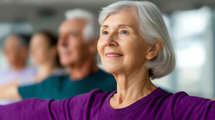 Elderly woman in a purple shirt exercises with a group, smiling and looking content, promoting wellness and active aging in a bright, indoor fitness setting