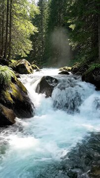 River in the forest with rocks. Morning in the forest