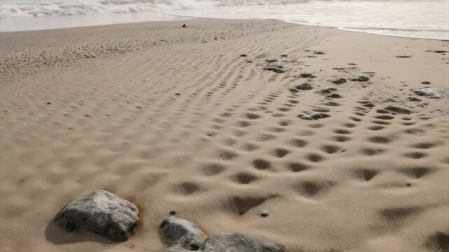 Sandy beach scene with a meandering shoreline, soft light, patterned sand, rocks, and waves