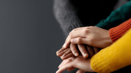 Four hands stacked together, symbolizing unity and support, with individuals wearing colorful sweaters against a dark background