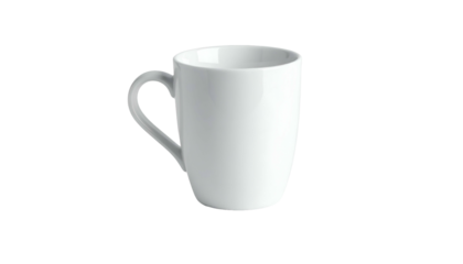 A pristine white mug with a curved handle stands isolated against a black background. The clean, simple design reflects light softly