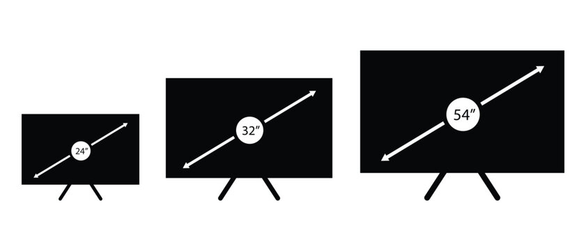  smart tv screen sizes icon. tv screen 24, 32, 54 inches collection. diagonal screen sizes in 24, 32 and 54 inches. smart television. computer monitor. vector illustration