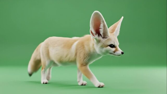 Fennec Fox Desert Fox Large Ears Standing on Green Screen Chroma Key Background