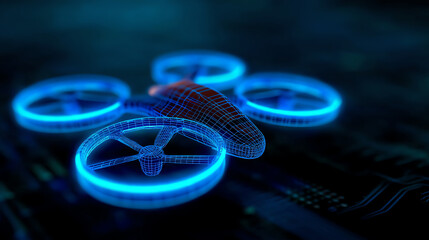 Futuristic digital wireframe of a quadcopter drone with glowing blue propellers, floating over a dark, circuit-like background, symbolizing advanced technology and innovation