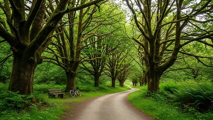 Fototapeta premium Enchanting Forest Path Lined with Majestic Trees and Lush Greenery.