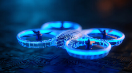 A futuristic drone with a glowing blue wireframe design hovers over a dark, circuit-board-like surface, blending technology and digital innovation in a sleek concept