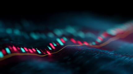 Abstract digital wave with glowing lines and data points representing financial or technological information flow in a dark futuristic setting