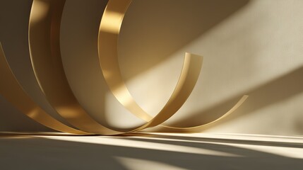 Golden light and shadows with metallic arcs in abstract interior space symbolizing time, motion and celebration