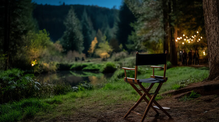 A single empty director's chair sits in a grassy forest clearing at dusk, near a calm river, with blurred party lights and people in the background